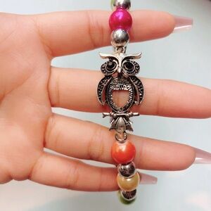 Silver Pink Orange Green Beaded Owl Fashion Bracelet